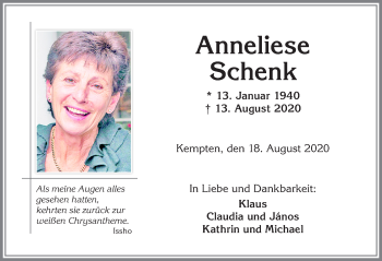 Traueranzeige von Anneliese Schenk von Allgäuer Zeitung,Kempten