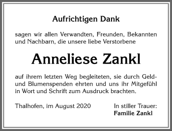 Traueranzeige von Anneliese Zankl von Allgäuer Zeitung, Kaufbeuren/Buchloe