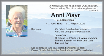 Traueranzeige von Anni Mayr von Allgäuer Zeitung,Kempten