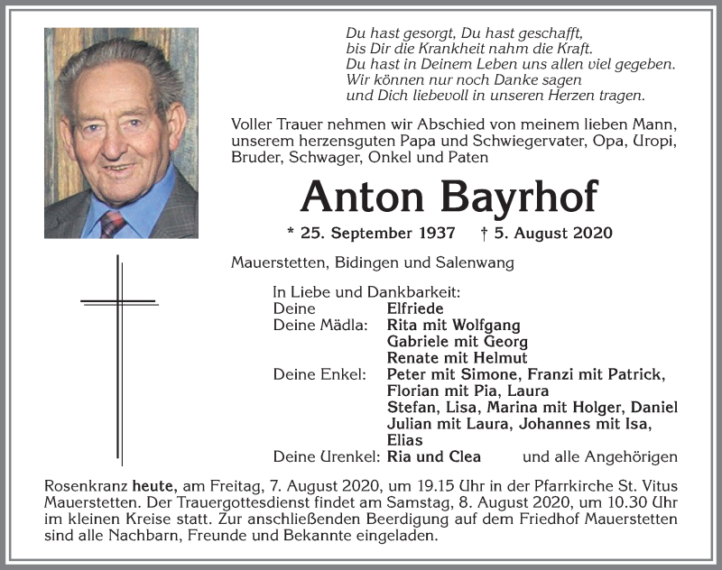  Traueranzeige für Anton Bayrhof vom 07.08.2020 aus Allgäuer Zeitung, Kaufbeuren/Buchloe