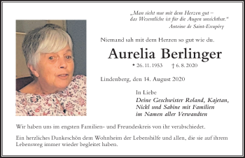 Traueranzeige von Aurelia Berlinger von Der Westallgäuer