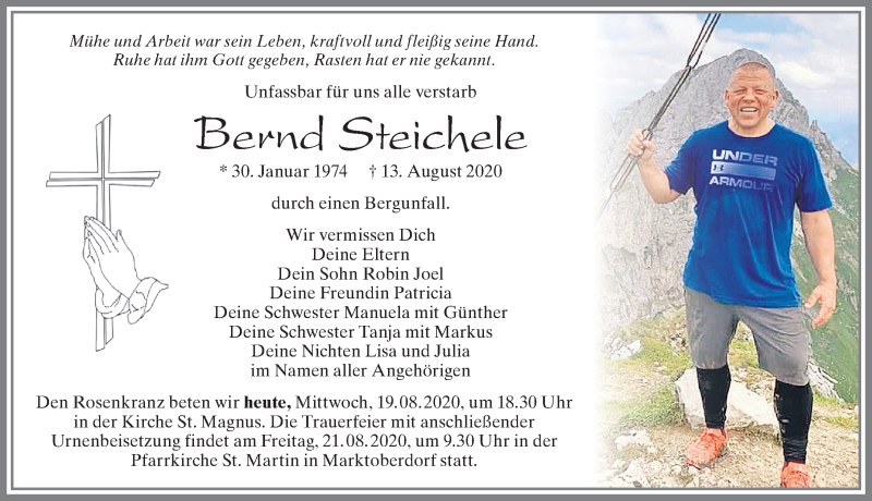  Traueranzeige für Bernd Steichele vom 19.08.2020 aus Allgäuer Zeitung, Marktoberdorf