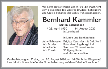 Traueranzeige von Bernhard Kammler von Allgäuer Zeitung, Kaufbeuren/Buchloe