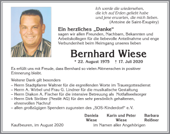 Traueranzeige von Bernhard Wiese von Allgäuer Zeitung, Kaufbeuren/Buchloe