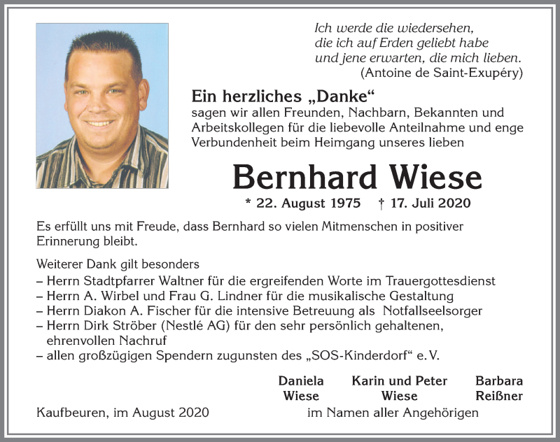  Traueranzeige für Bernhard Wiese vom 08.08.2020 aus Allgäuer Zeitung, Kaufbeuren/Buchloe