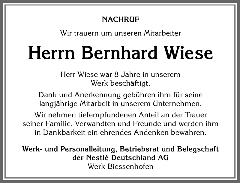  Traueranzeige für Bernhard Wiese vom 01.08.2020 aus Allgäuer Zeitung