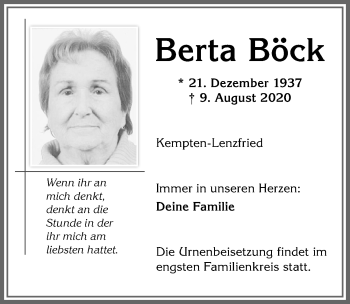 Traueranzeige von Berta Böck von Allgäuer Zeitung,Kempten