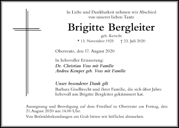 Traueranzeige von Brigitte Bergleiter von Der Westallgäuer