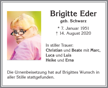 Traueranzeige von Brigitte Eder von Allgäuer Zeitung, Kaufbeuren/Buchloe