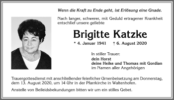 Traueranzeige von Brigitte Katzke von Allgäuer Zeitung,Kempten
