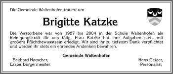 Traueranzeige von Brigitte Katzke von Allgäuer Zeitung,Kempten