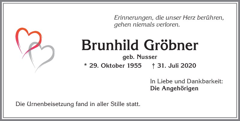  Traueranzeige für Brunhild Gröbner vom 14.08.2020 aus Allgäuer Zeitung, Marktoberdorf