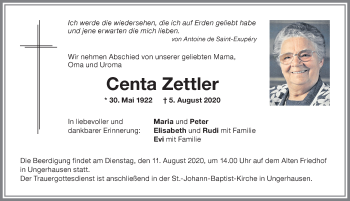 Traueranzeige von Centa Zettler von Memminger Zeitung
