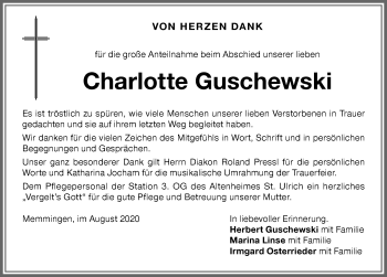 Traueranzeige von Charlotte Guschewski von Memminger Zeitung