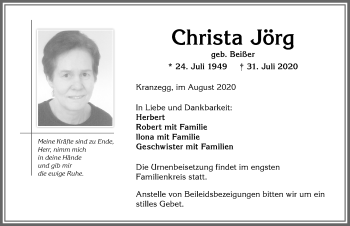 Traueranzeige von Christa Jörg von Allgäuer Anzeigeblatt