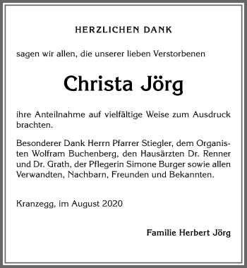 Traueranzeige von Christa Jörg von Allgäuer Anzeigeblatt