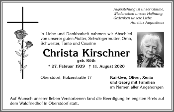 Traueranzeige von Christa Kirschner von Allgäuer Anzeigeblatt