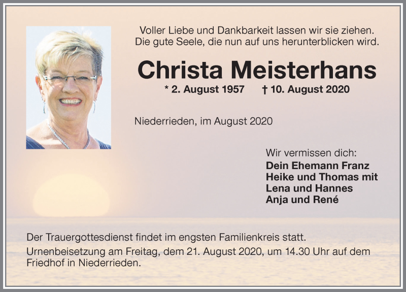  Traueranzeige für Christa Meisterhans vom 19.08.2020 aus Memminger Zeitung