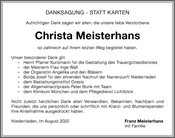 Traueranzeige von Christa Meisterhans von Memminger Zeitung