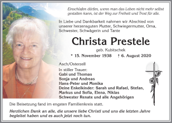 Traueranzeige von Christa Prestele von Allgäuer Zeitung, Kaufbeuren/Buchloe