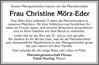 Traueranzeige von Christine Mörz-Eder von Allgäuer Zeitung, Füssen
