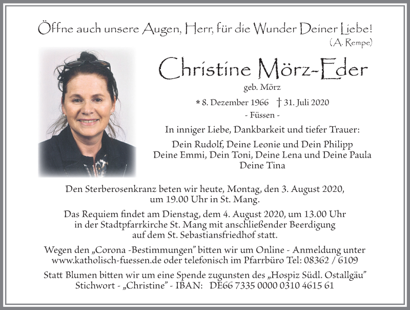  Traueranzeige für Christine Mörz-Eder vom 03.08.2020 aus Allgäuer Zeitung, Füssen