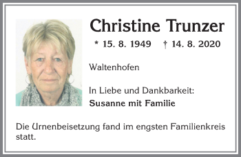 Traueranzeige von Christine Trunzer von Allgäuer Zeitung,Kempten