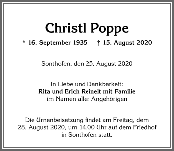 Traueranzeige von Christl Poppe von Allgäuer Anzeigeblatt