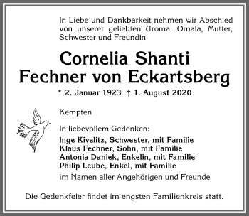 Traueranzeige von Cornelia Shanti Fechner von Eckartsberg von Allgäuer Zeitung,Kempten