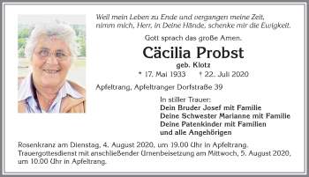 Traueranzeige von Cäcilia Probst von Allgäuer Zeitung, Kaufbeuren/Buchloe