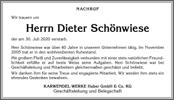 Traueranzeige von Dieter Schönwiese von Allgäuer Zeitung, Kaufbeuren/Buchloe