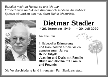 Traueranzeige von Dietmar Stadler von Allgäuer Zeitung, Kaufbeuren/Buchloe