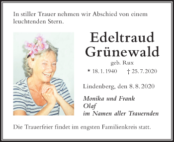 Traueranzeige von Edeltraud Grünewald von Der Westallgäuer