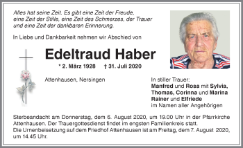 Traueranzeige von Edeltraud Haber von Memminger Zeitung