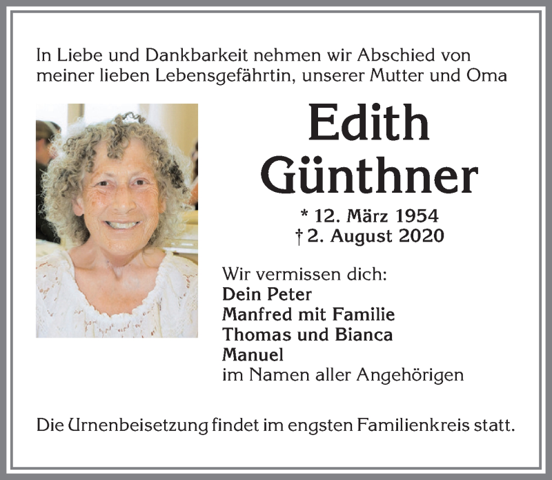  Traueranzeige für Edith Günthner vom 06.08.2020 aus Allgäuer Zeitung,Kempten
