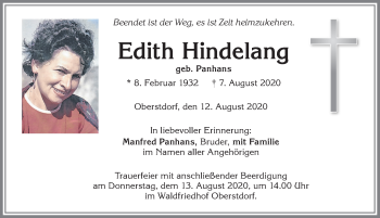 Traueranzeige von Edith Hindelang von Allgäuer Anzeigeblatt