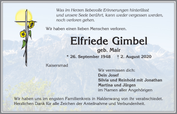Traueranzeige von Elfriede Gimbel von Allgäuer Zeitung,Kempten