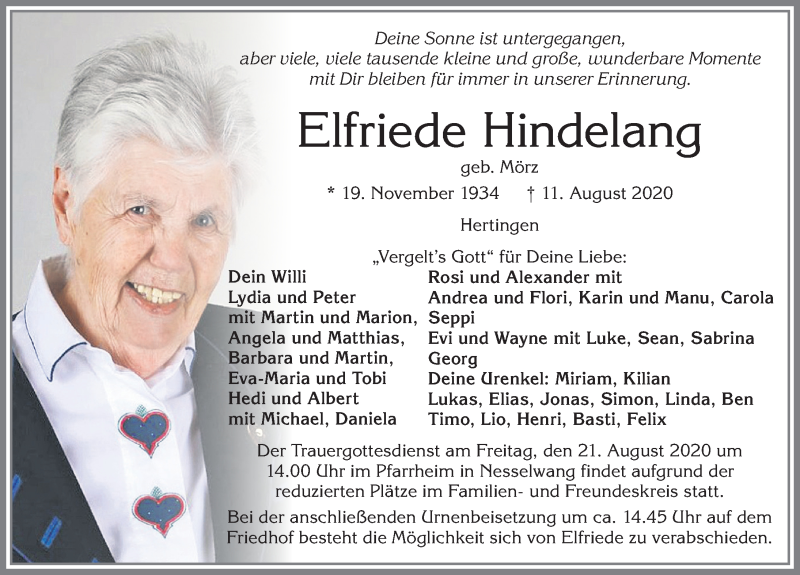  Traueranzeige für Elfriede Hindelang vom 18.08.2020 aus Allgäuer Zeitung, Füssen