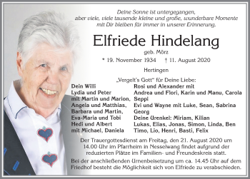 Traueranzeige von Elfriede Hindelang von Allgäuer Zeitung, Füssen