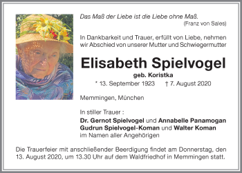 Traueranzeige von Elisabeth Spielvogel von Memminger Zeitung