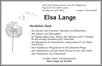 Traueranzeige von Elsa Lange von Allgäuer Zeitung, Kaufbeuren/Buchloe