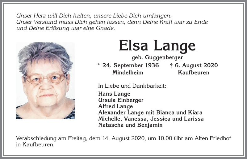  Traueranzeige für Elsa Lange vom 12.08.2020 aus Allgäuer Zeitung, Kaufbeuren/Buchloe