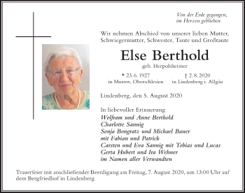 Traueranzeige von Else Berthold von Der Westallgäuer