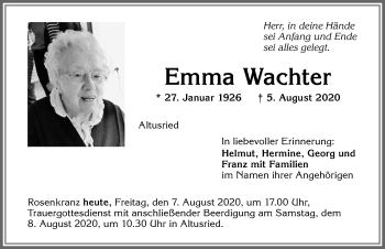Traueranzeige von Emma Wachter von Allgäuer Zeitung,Kempten