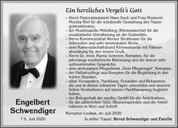 Traueranzeige von Engelbert Schwendiger von Allgäuer Zeitung,Kempten