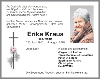 Traueranzeige von Erika Kraus von Memminger Zeitung