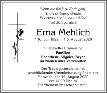 Traueranzeige von Erna Mehlich von Allgäuer Zeitung, Füssen