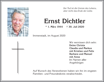 Traueranzeige von Ernst Dichtler von Allgäuer Anzeigeblatt