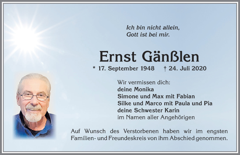  Traueranzeige für Ernst Gänßlen vom 01.08.2020 aus Allgäuer Zeitung,Kempten