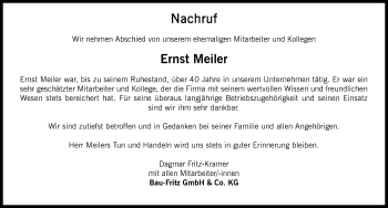 Traueranzeige von Ernst Meiler von Memminger Zeitung